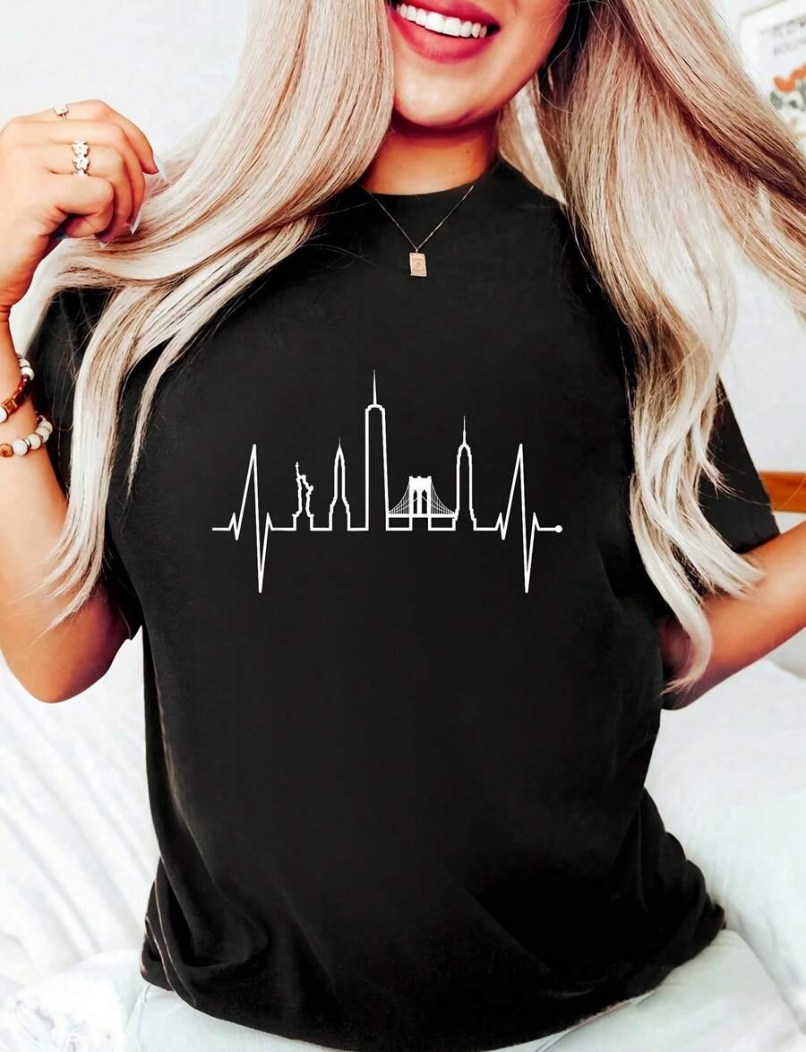 Camiseta divertida 100% algodón negro para mujer con diseño de skyline de Nueva York, latido cardíaco, Estatua de la Libertad, "I Love New York" - Camiseta gráfica de cuello redondo de manga corta casual para mujer, 220g de algodón puro de alta calidad con impresión minimalista, para disfraces de Halloween - Negro - Ver 1