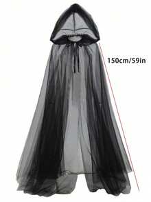 1 件套万圣节深色哥特式连帽长网状斗篷，酷炫女巫服装披风，男女通用 - 黑色 - 查看 2