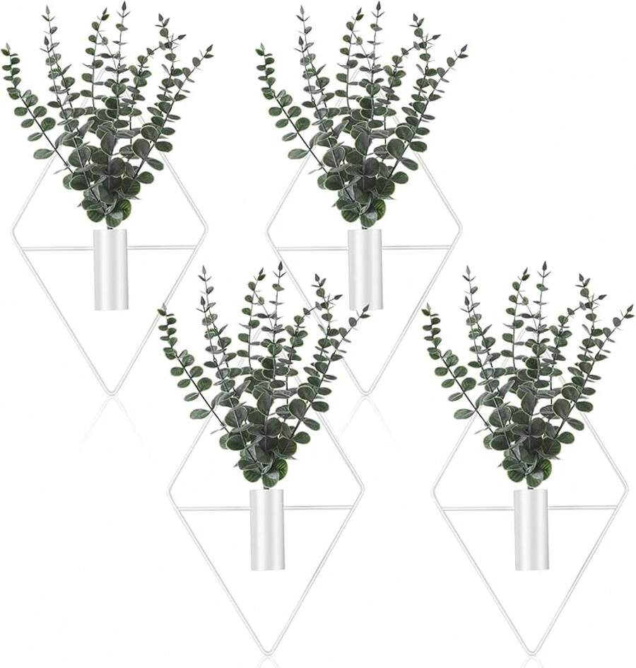 Jexine Hanging Planters With Artificial Eucalyptus Metal Hanging Vase Indoor Plants Holder Modern Geometric Boho Bathroom Wall Decor For Living Room Home Office (,4 Pcs) - White - 查看 1