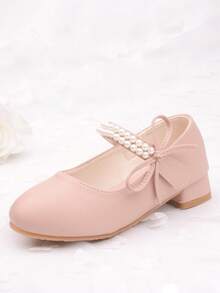 Girls Pearl Princess Shoes, White Leather Shoes, Mid-Heel, Spring/Autumn