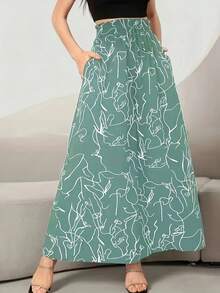 女式长款绿色阔腿裤，抽象印花，无弹力涤纶口袋，阿拉伯/土耳其风格 - 綠色 - 查看 3