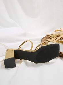 1双带粗跟高跟穆勒凉鞋，法式系带高跟凉鞋，新款女士派对鞋，夏季搭配连衣裙，百搭 - 金色 - 查看 7