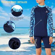 WEIMEY 3PCS Trajes de Baño para Niños Manga Larga+Shorts+Gorro Natación Secado Rápido Respirable Playa Natación 5 a 12 Años - auzl raya - Ver 5