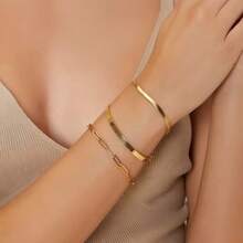 Women Bracelet Set, Elegant Geometric Bracelet & Snake Bone Bracelet + Chain Bracelet, 18K Gold Plated & 925 Silver - 金色 - 查看 3