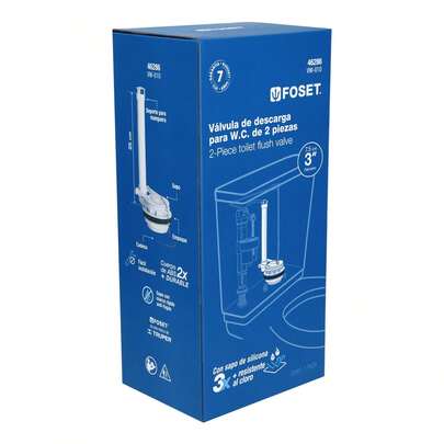 46286 Válvula de descarga de 3 pulgadas para WC de 2 piezas con cadena de acero inoxidable FOSET es un repuesto de alta calidad diseñado para garantizar un funcionamiento eficiente en sanitarios. Su construcción confiable y su compatibilidad con inodoros de 2 piezas la convierten en una solución práctica y duradera para reemplazar válvulas desgastadas o defectuosas.  Gracias a su diseño moderno y materiales resistentes, esta válvula ofrece un sellado  y un desempeño óptimo en cada descarga, mejorando la eficiencia del sanitario y prolongando su vida útil.