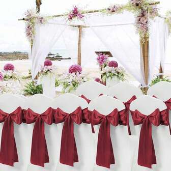 6/10 piezas Faja de satén para silla con lazo, adecuado para boda, fiesta, evento, Navidad, uso diario, decoración de silla para banquete (Rojo vino)