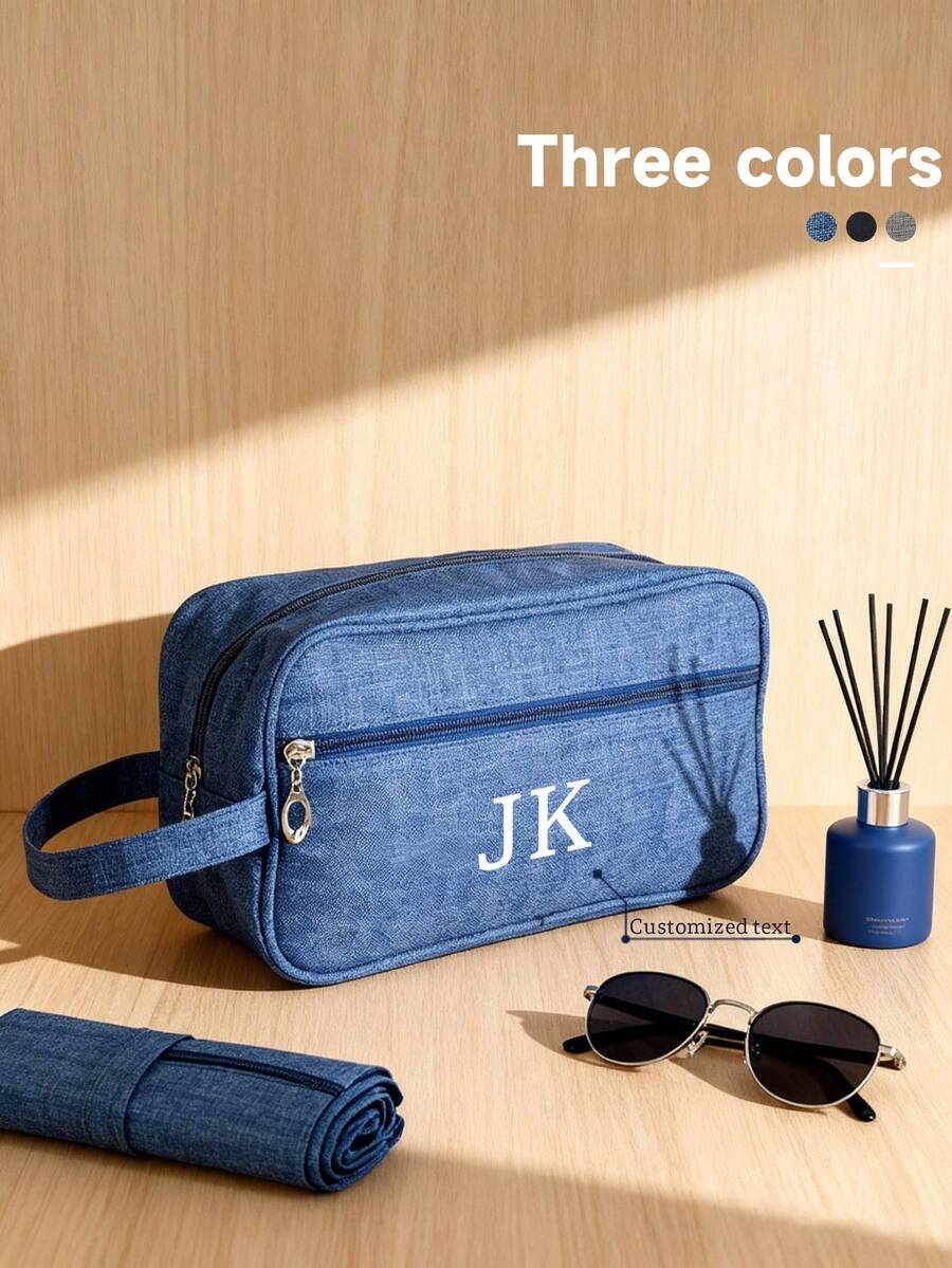 1pc Customized Canvas Clutch Bag, Personalized Men's Handbag, Large Capacity Double-Layer Canvas Clutch, Customized Name Or Initial Travel Cosmetic Bag, Embossed Initial Men's Business Travel Toiletry Bag, Foldable, Large Capacity, Lightweight, Fashionable, Personalized Men's Cosmetic Bag, Suitable For Travel And Business