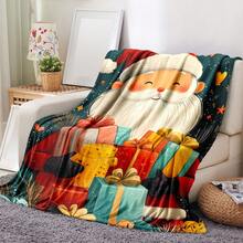 1 pieza Manta de franela suave de Navidad - Estampado digital de Papá Noel y regalos, manta para sofá/cama/oficina/viaje para todas las estaciones, decoración navideña moderna, diseño de temporada invernal, lavable a máquina, durable y ligera, regalo de Navidad ideal, decoración temática navideña, tela ligera, funda decorativa, para entusiastas de la decoración del hogar, manta decorativa navideña