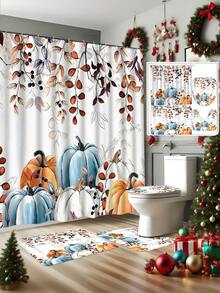 1 pièce/4 pièces Ensemble de rideaux de douche avec citrouilles et feuilles mortes, rideau de douche à motifs multicolores, décoration de salle de bain moderne et personnalisée, ensemble de rideaux de douche imperméables avec 12 crochets, tapis de bain antidérapant en forme de U, couvre-siège de toilette, accessoires de salle de bain, décoration de Noël