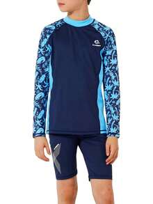 WEIMEY 3PCS Trajes de Baño para Niños Manga Larga+Shorts+Gorro Natación Secado Rápido Respirable Playa Natación 5 a 12 Años - auzl raya - Ver 11