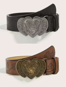 2pcs Unisex Heart Print & Solid Color Western Style Vintage PU Leather Belt, Suitable For All Seasons Fall, Autumn, Halloween