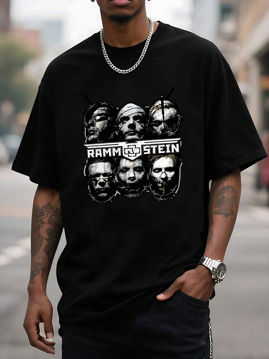 Camiseta para hombre con estampado gráfico vintage y imagen de banda desgastada. Corte cómodo. Manga corta. Cuello redondo. Estilo informal. Disponible en varias tallas. Perfecta para fanáticos del rock y asistentes a conciertos. - Negro - Ver 1