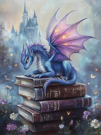 1 Set - 11x11 Inch/15.7x15.7 Inch Full Round Diamond Painting DIY Kit, Sleeping Little Black Dragon With Floral Design On Book, Ideal Gift For Beginners, Home Wall Decor, Relaxing Craft Kit | Imaginative Design | Dragon Craft Unframed Diamond Painting 1 Set