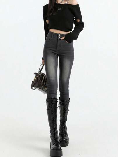 女式高腰口袋紧身休闲百搭牛仔裤，秋季