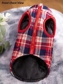 1pc Burgundy Red White And Blue Gourd Quilted Flannel Plaid Zip-Up Washable Pet Jacket/Coat, Christmas, Christmas Decorations