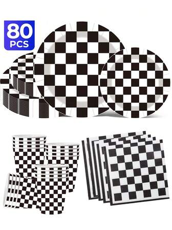 סט כלי שולחן חד פעמיים בצבעי שחור ולבן, 20/40/60/80/100 יחידות, כולל מגש נייר 7 אינץ', קרטון 9 אינץ', כוס 9 אונקיות, מפיות, מתאים למפגשים יומיומיים, מסיבות יום הולדת, מסיבות כלה, מסיבות תינוק, מועדונים, חתונות, מסיבות תה