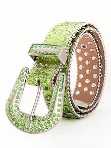 1pc Green Rhinestone Shiny Diamond Decor Y2K Waist Belt, Square Buckle PU Punk Rivet Belt, Unisex Suitable For Nightclub, Hip-Hop, Rock, Party, Christmas