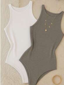 Kit 2 Bori Women's Bodysuits Basic Tank Top Casual Style Lined Second Skin Leotard Chic Timeless - 白/灰 - 查看 2