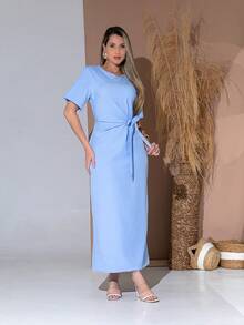 Long Dress With Short Sleeves With Belt Formal And Evening V775 - Celeste - Ver 3