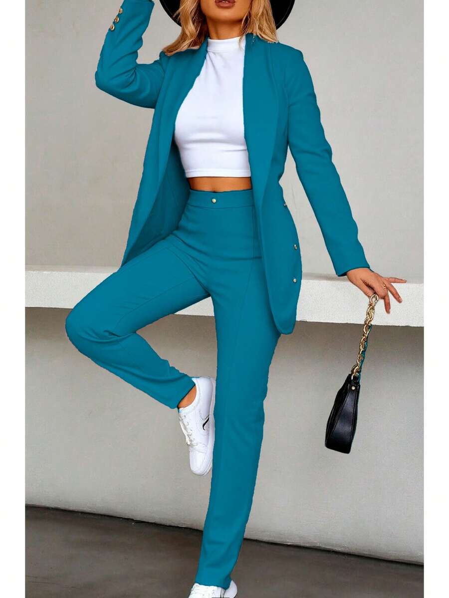 Elegante conjunto de traje azul de manga larga para mujer con cuello chal pantalones largos y detalles de botones - Agua verde azul - Ver 1