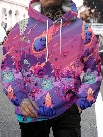 男士 3D 印花时尚新颖图案连帽长袖运动衫，秋冬男士套头连帽衫，带抽绳和口袋