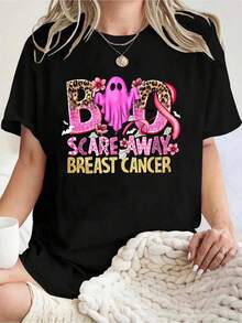 Plus Size Women's Casual T-Shirt Women's Leopard Ghost BOO SCARE AWAY BREAST CANCER Print For Awareness Campaigns 220g