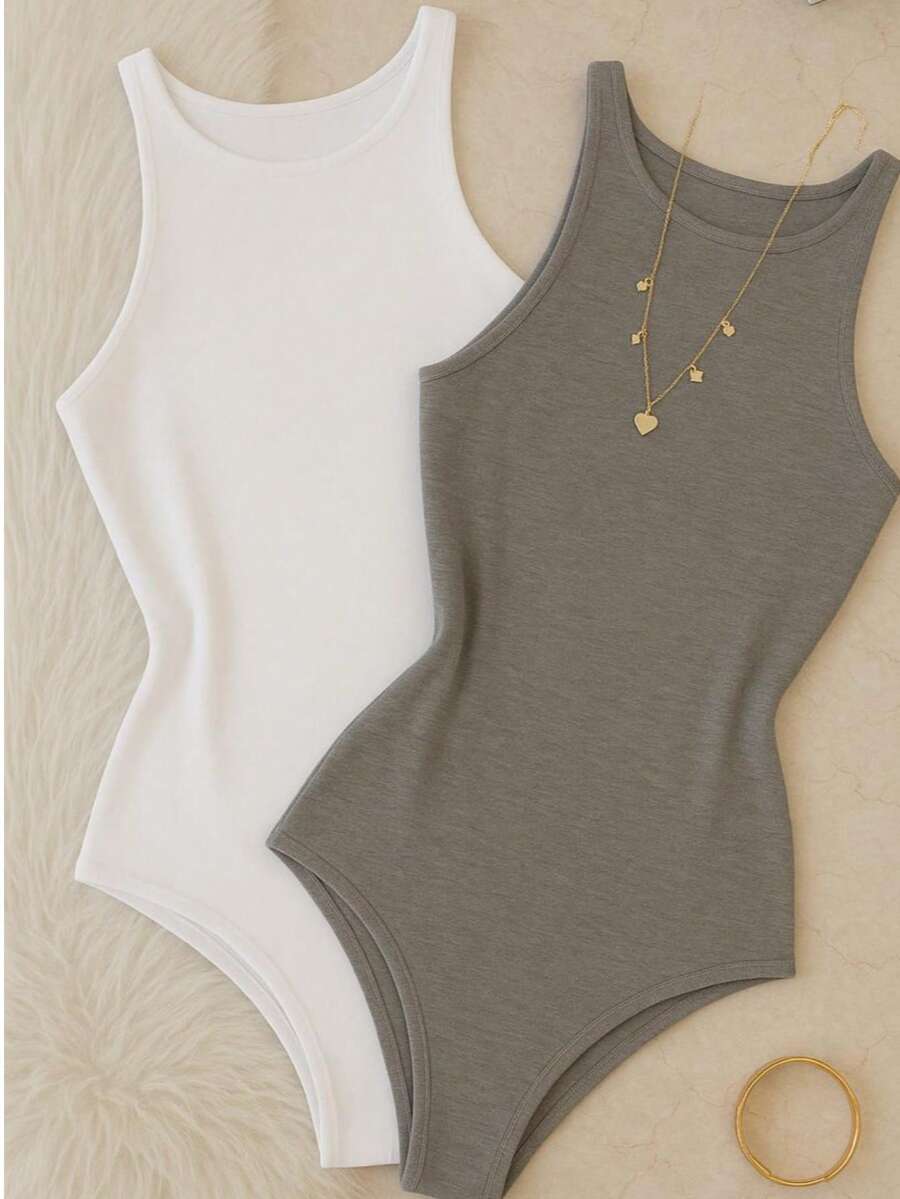 Kit 2 Bori Women's Bodysuits Basic Tank Top Casual Style Lined Second Skin Leotard Chic Timeless - 白/灰 - 查看 1