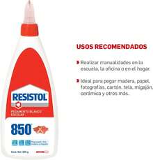 Resistol 850 Escolar, pegamento blanco para el hogar, escuela y oficina, resistol no tóxico, adhesivo para manualidades y tareas, pegamento líquido, bote 1x225g - Escolar, pegamento blanco para el hoga - Ver 2