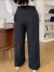 Plus Size Women's Solid Color Loose Straight Trousers With Pockets Versatile Style Business Suit Pantaloons - Hitam - View 2