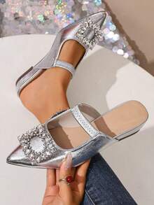 Mulas com Solado Grosso de Strass Prateado, Chinelos de Bico Fino com Sola Grossa na Moda, Mocassins Casuais com Salto Tipo Cunha e Sem Parte Traseira, Adequados para Vestidos, Primavera e Outono