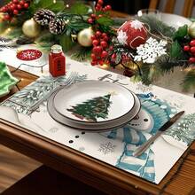 1/4/6 pezzi Tovaglietta natalizia, tovaglietta con stampa di albero di Natale, fiocco di neve e campana, tovaglietta antiscivolo e isolante per tavolo da festa natalizia, decorazione per feste, ristoranti e cucina, regalo di Natale raffinato