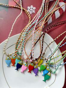 波西米亚风格彩色鱼吊坠链项链手工绳项链，适合作为度假配饰、约会、礼物