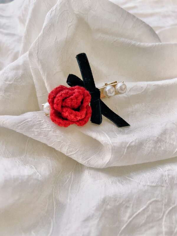 1pc Rose Flower Flat Duck Clip Hair Accessory, Handmade Cute Doll Crochet Hair Clip, Claw Clips, Hair Slide, Hair Barrettes