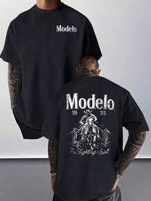 1pc Modelo Camiseta de Hombre con Estampado Gráfico 100% Algodón, Estilo Deportivo Casual, Estilo de Calle a la Moda, Adecuada para Viajes y Ropa Deportiva - Negro - Ver 1