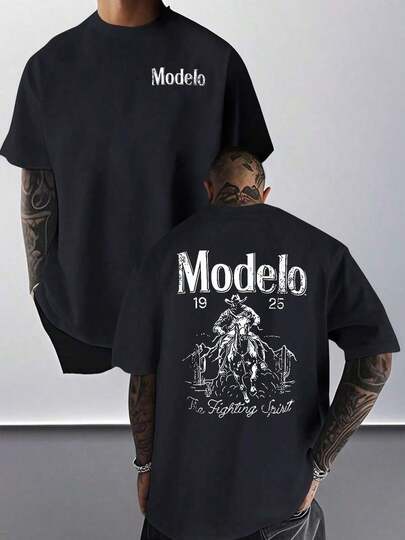 1pc Modelo Camiseta de Hombre con Estampado Gráfico 100% Algodón, Estilo Deportivo Casual, Estilo de Calle a la Moda, Adecuada para Viajes y Ropa Deportiva
