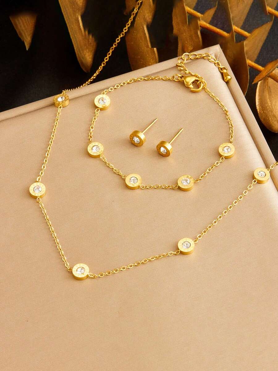 RAYQUEEN Conjunto de joyería con cadena de accesorio de disco con números romanos incrustados de diamante de imitación, aretes, pulsera, adecuado para uso diario - Amarillo Oro - Ver 1
