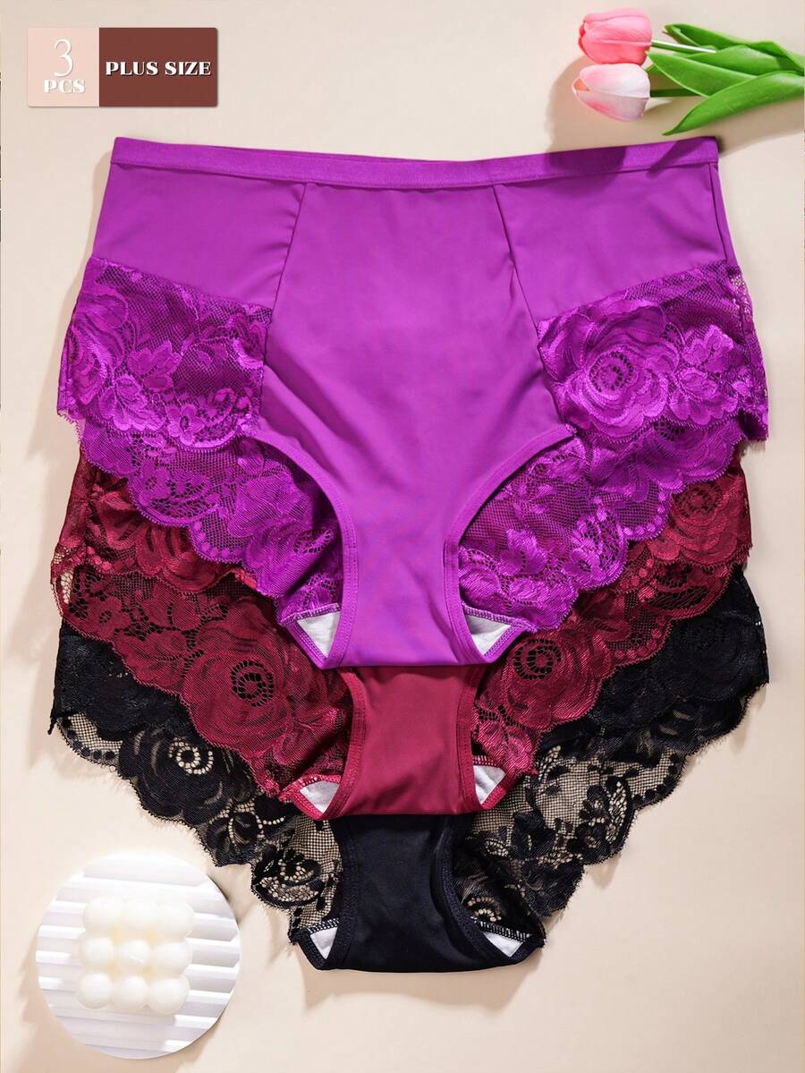 3pcs Plus Size Women's Solid Color Lace Patchwork Comfortable Smooth Fabric Panties - Multicolor - View 1
