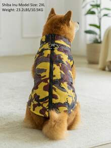 1pc Brown & Yellow Diagonal Geometric Camouflage Print Quilted Cotton Dog Coat With Back Zipper, Washable Pet Jacket Suitable For Large, Medium And Small Dogs, For Indoor Or Outdoor Wear