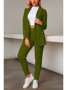 Elegante conjunto de traje azul de manga larga para mujer con cuello chal pantalones largos y detalles de botones - Verde militar - Ver 2