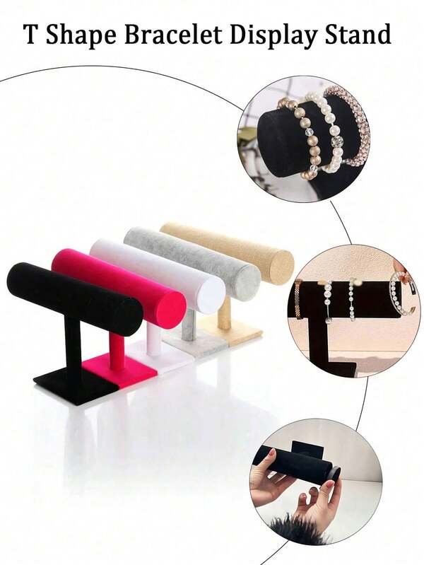 1 pieza Soporte en forma de T para exhibir pulseras, Soporte de terciopelo para brazaletes/relojes, Estante de almacenamiento de joyas, Organizador de collares, pulseras y colgantes con base de madera, Decoración de escritorio de moda para mujeres, Adecuado para decoración del hogar, regalo de vuelta al colegio, regalo del Día de San Valentín