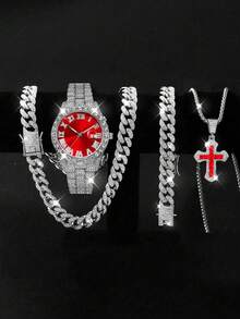 Hip Hop Chain Set, Unisex Fashion Watch, Necklace And Bracelet Set, Holiday Gift For Father - Silver - View 7