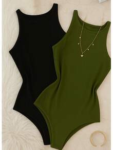 Kit 2 Bori Women's Bodysuits Basic Tank Top Casual Style Lined Second Skin Leotard Chic Timeless - 黑色/軍綠色 - 查看 1