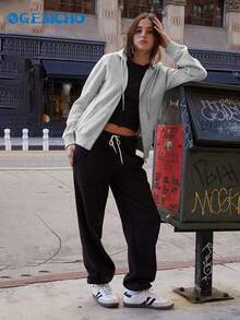 GEMCHO Women's Casual Loose Open Front Drop Shoulder Drawstring Hooded Sweatshirt Jacket With Pockets, Suitable For Daily Commute/Casual Outing/Home/Workout, Warm And Comfortable - Autumn/Winter