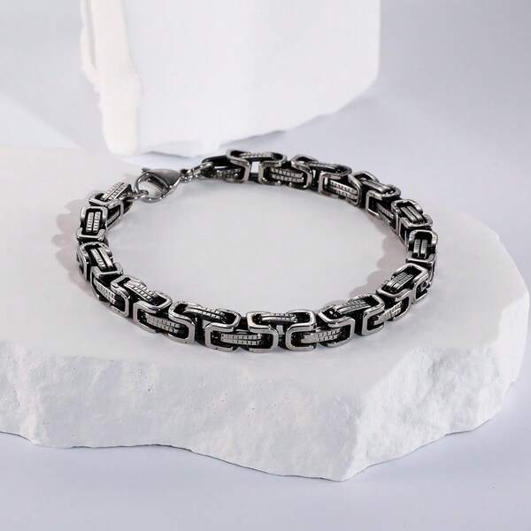 1pc Vintage Thick Stainless Steel Great Wall Pattern Bracelet For Men, Fashionable Punk Style, Suitable For Daily Wear, Christmas Party, New Year Gift