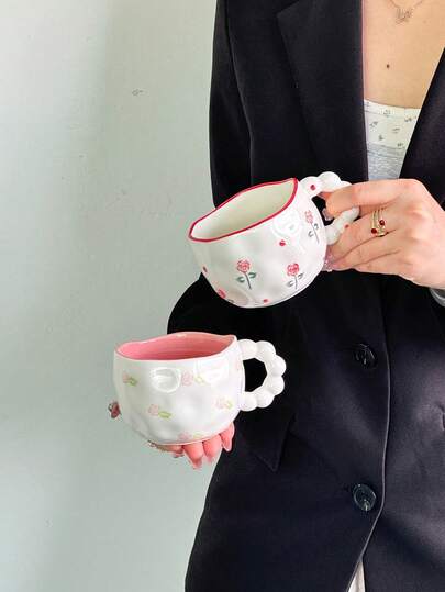 1 pezzo Tazza in ceramica con perline a fiocco, stile coreano Ins, tazza da caffè carina da donna, tazza da tè dipinta a mano con motivi floreali, tazza da tè pomeridiano di alta qualità, regalo