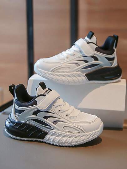 1 Pair Children's Black And White Casual Sports Shoes, Leather Upper Breathable, Comfortable Lace-Up Kids Shoes For Spring/Summer, Suitable For All Seasons, New Style For Spring/Autumn, Boys/Girls School Shoes