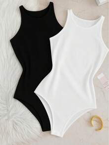 Kit 2 Bori Women's Bodysuits Basic Tank Top Casual Style Lined Second Skin Leotard Chic Timeless - 黑/白 - 查看 2