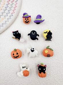 10pcs Halloween Pumpkin & Cat Resin Shoe Charms, Durable & Cute Whimsical Design, Suitable For Wooden Shoes & Sandals, Great For Girls Party Favors, Creative Gifts, DIY Shoe Decorations