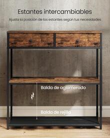 VASAGLE Mesa de Entrada Estrecha, Mesa de Consola de 3 Niveles, con 2 Cajones de Tela, 24 x 76 x 80, Marrón Rústico y Negro Tinta MLNT092K01 - 1 - Ver 6