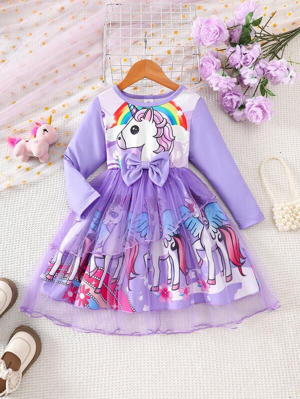 Young Girl Autumn/Winter New Arrival Positioning Print, Cartoon Unicorn & Rainbow Horse Pattern, 3D Bow Long Sleeve Purple Mesh Princess Dress, Flared Hem Design, Cute Princess Style, Suitable For Parties, Outdoor Casual, Girls Clothing